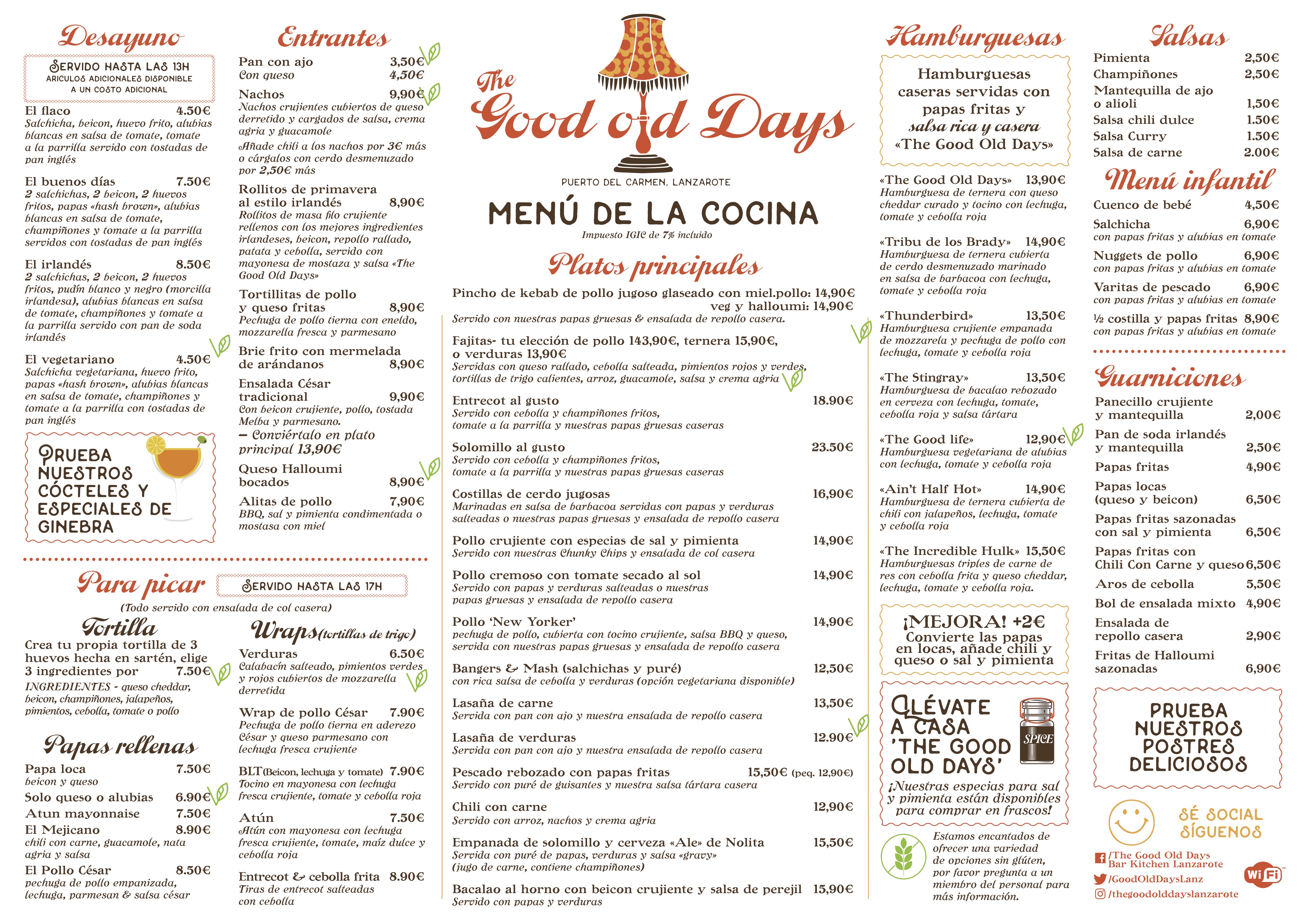 The Good Old Days Food Menu Spanish