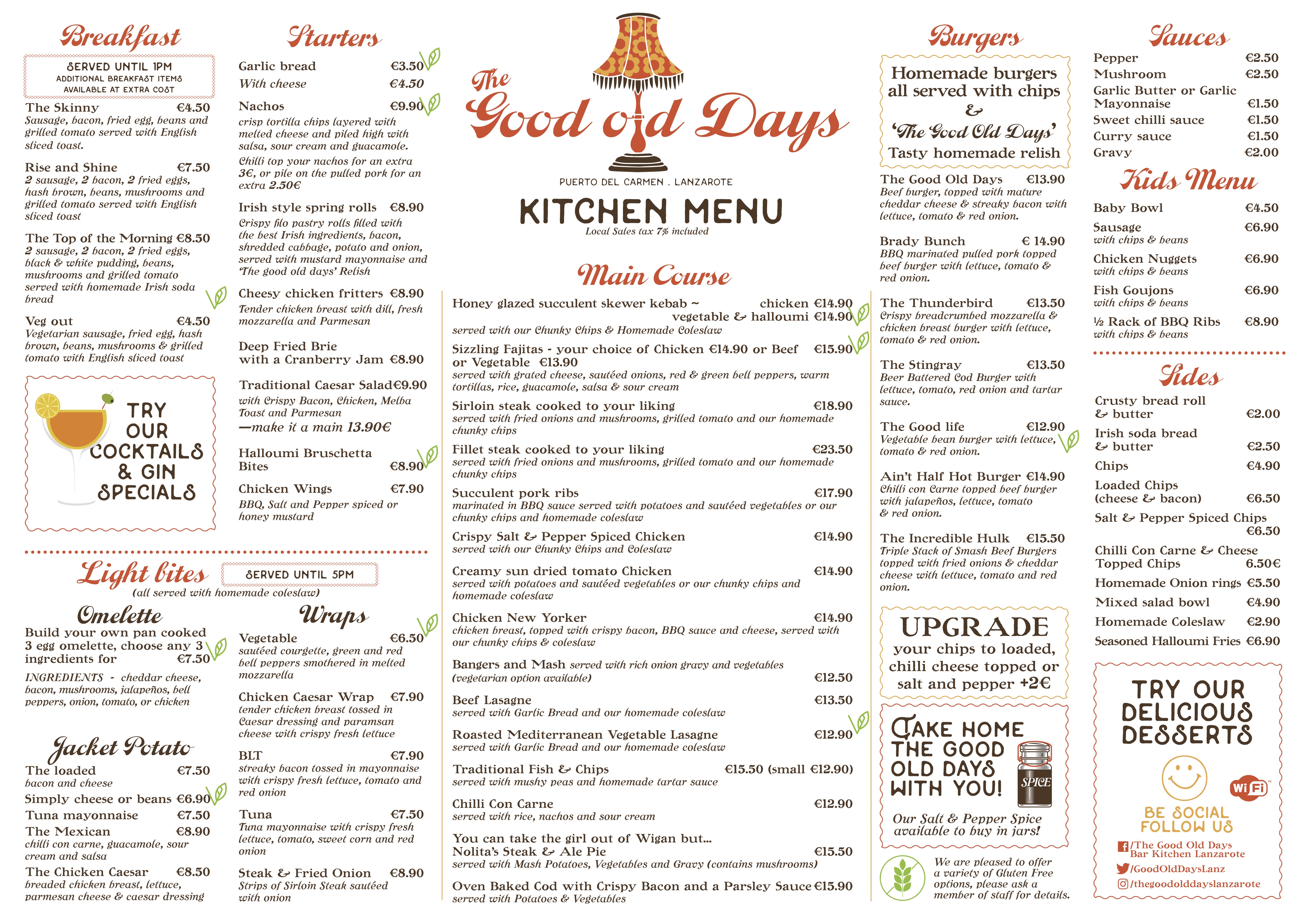 The Good Old Days Food Menu